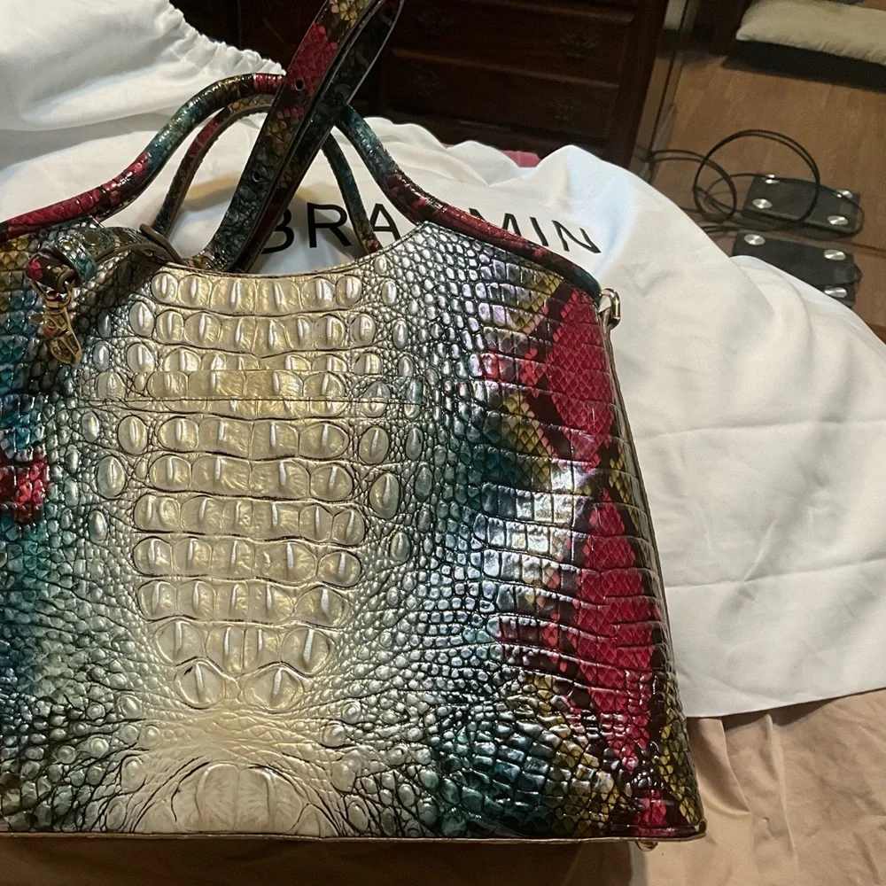 Brahmin Red and Green Crocodile-Embossed Tote - Picture 2 of 6